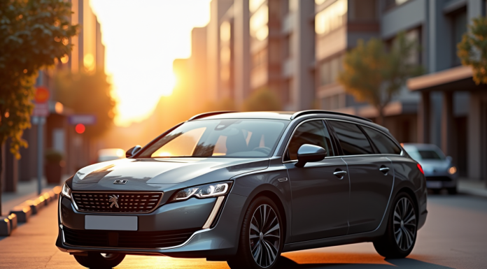 Peugeot 508 SW en ville au lever du soleil