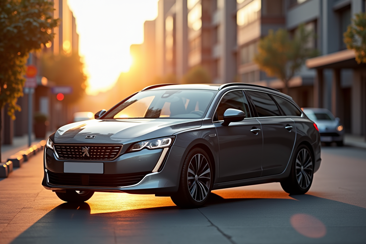 Peugeot 508 SW en ville au lever du soleil