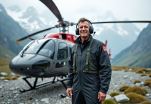 Altitude maximale pour un hélicoptère : limites et performances en haute montagne Pilote d'hélicoptère en tenue de vol devant un hélico de secours en montagne