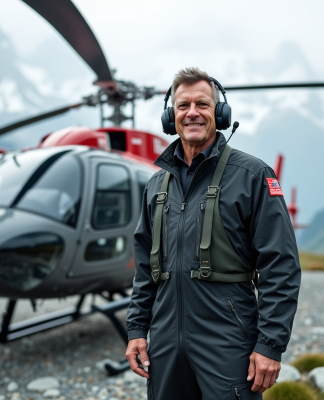 Pilote d'hélicoptère en tenue de vol devant un hélico de secours en montagne