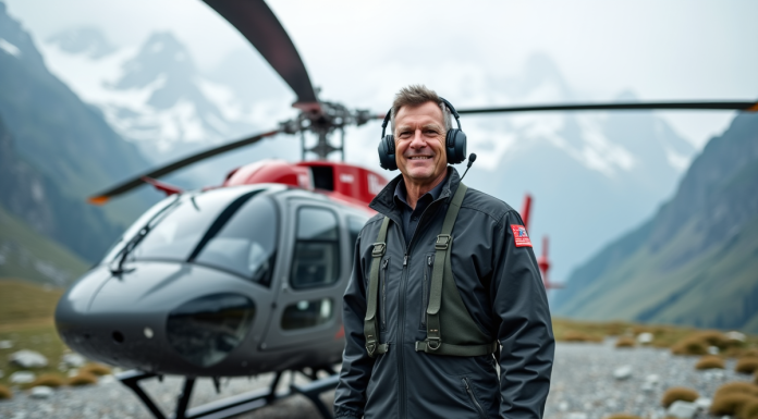 Pilote d'hélicoptère en tenue de vol devant un hélico de secours en montagne