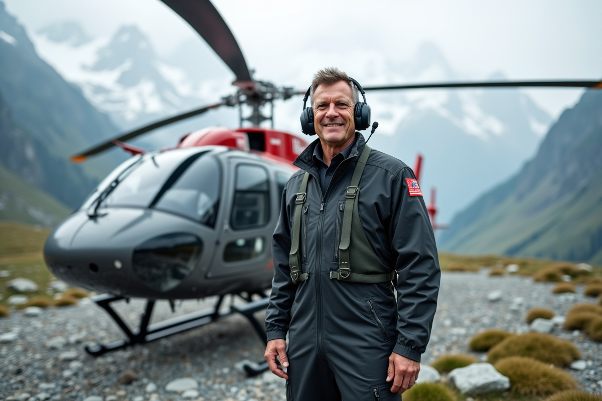 Pilote d'hélicoptère en tenue de vol devant un hélico de secours en montagne