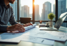 Personne examinant des plans d'urbanisme dans un bureau moderne