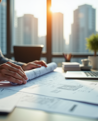 Personne examinant des plans d'urbanisme dans un bureau moderne