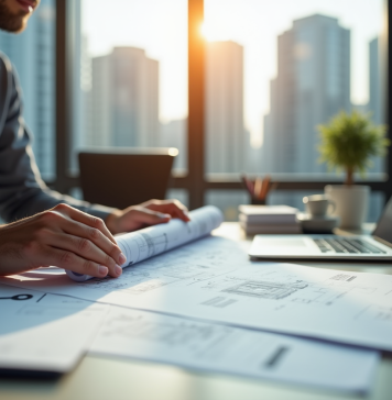 Personne examinant des plans d'urbanisme dans un bureau moderne
