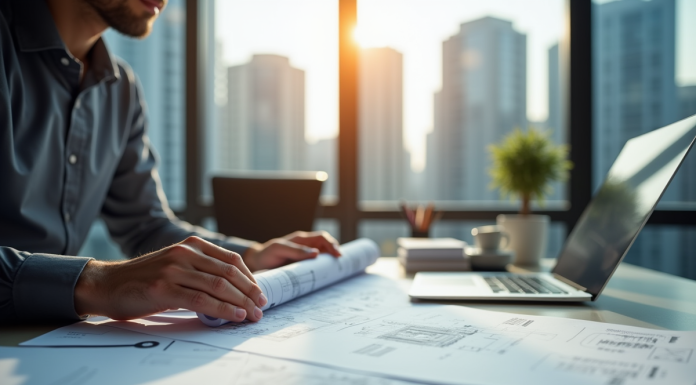Personne examinant des plans d'urbanisme dans un bureau moderne