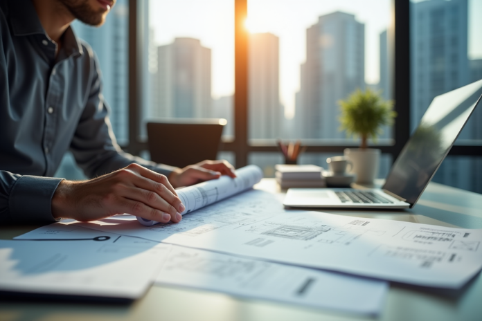 Personne examinant des plans d'urbanisme dans un bureau moderne