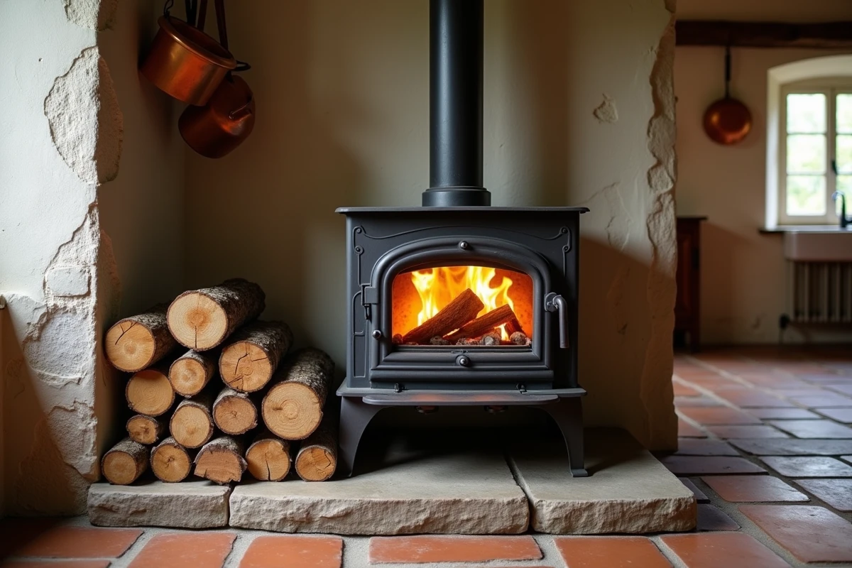 Poêle à bois en fonte avec bûches de bouleau dans une cuisine rustique aux carreaux de terre cuite