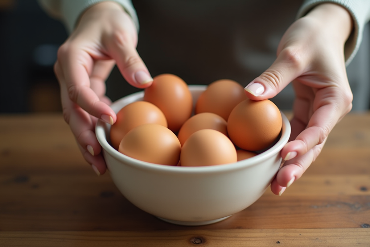 Deux mains déposent des oeufs dans un bol en céramique sur un plan de travail
