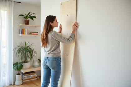 Jeune femme posant une isolation murale dans un appartement moderne
