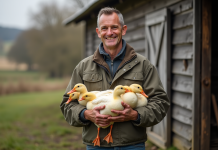 Producteur de foie gras avec canards en campagne