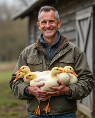 Producteur de foie gras avec canards en campagne