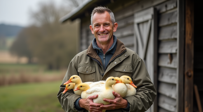 Producteur de foie gras avec canards en campagne