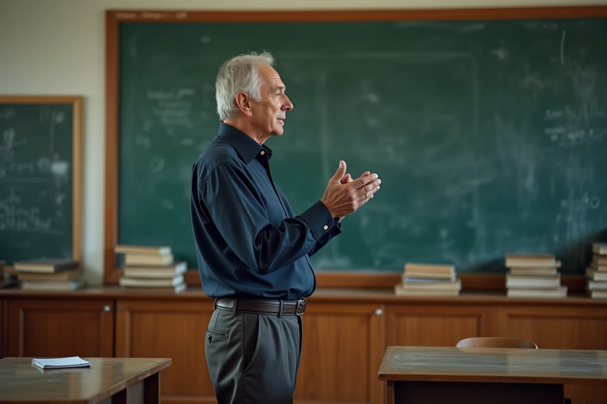 Professeur expliquant devant un tableau noir dans une salle de classe