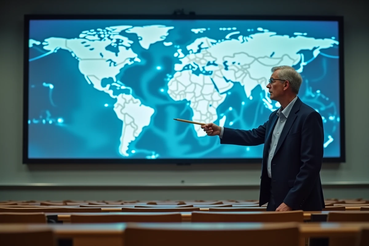 Professeur de géographie pointant les contours de pays sur une carte du monde projetée dans un amphithéâtre universitaire