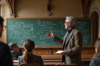 Professeur de sociologie expliquant le fait social de Durkheim devant des étudiants dans un amphithéâtre universitaire classique