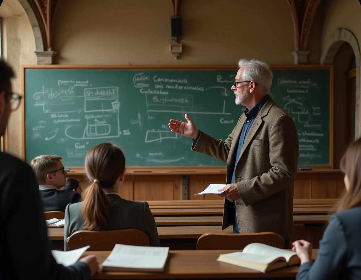 Professeur de sociologie expliquant le fait social de Durkheim devant des étudiants dans un amphithéâtre universitaire classique