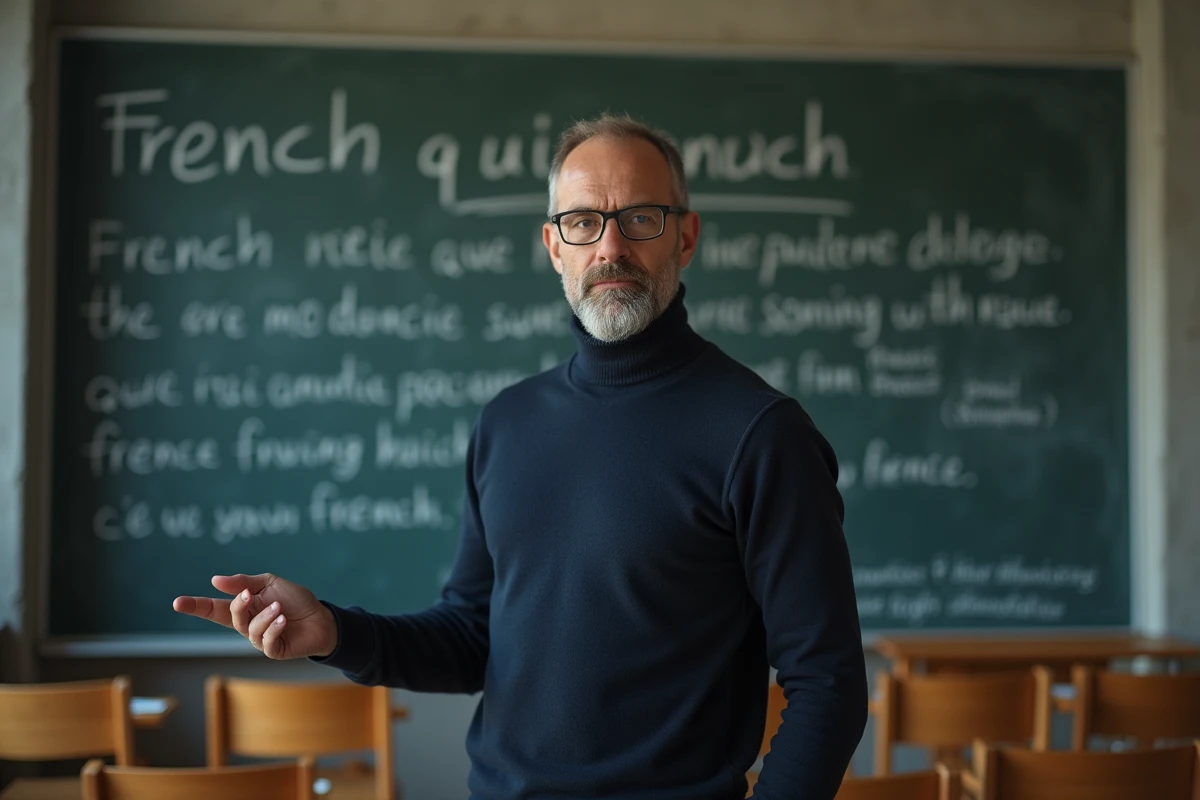Professeur debout devant un tableau noir couvert de phrases françaises annotées dans une salle de séminaire universitaire, évoquant l'analyse linguistique des prépositions