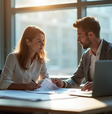 Deux professionnels en discussion dans un bureau moderne