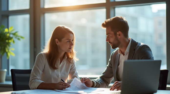 Deux professionnels en discussion dans un bureau moderne