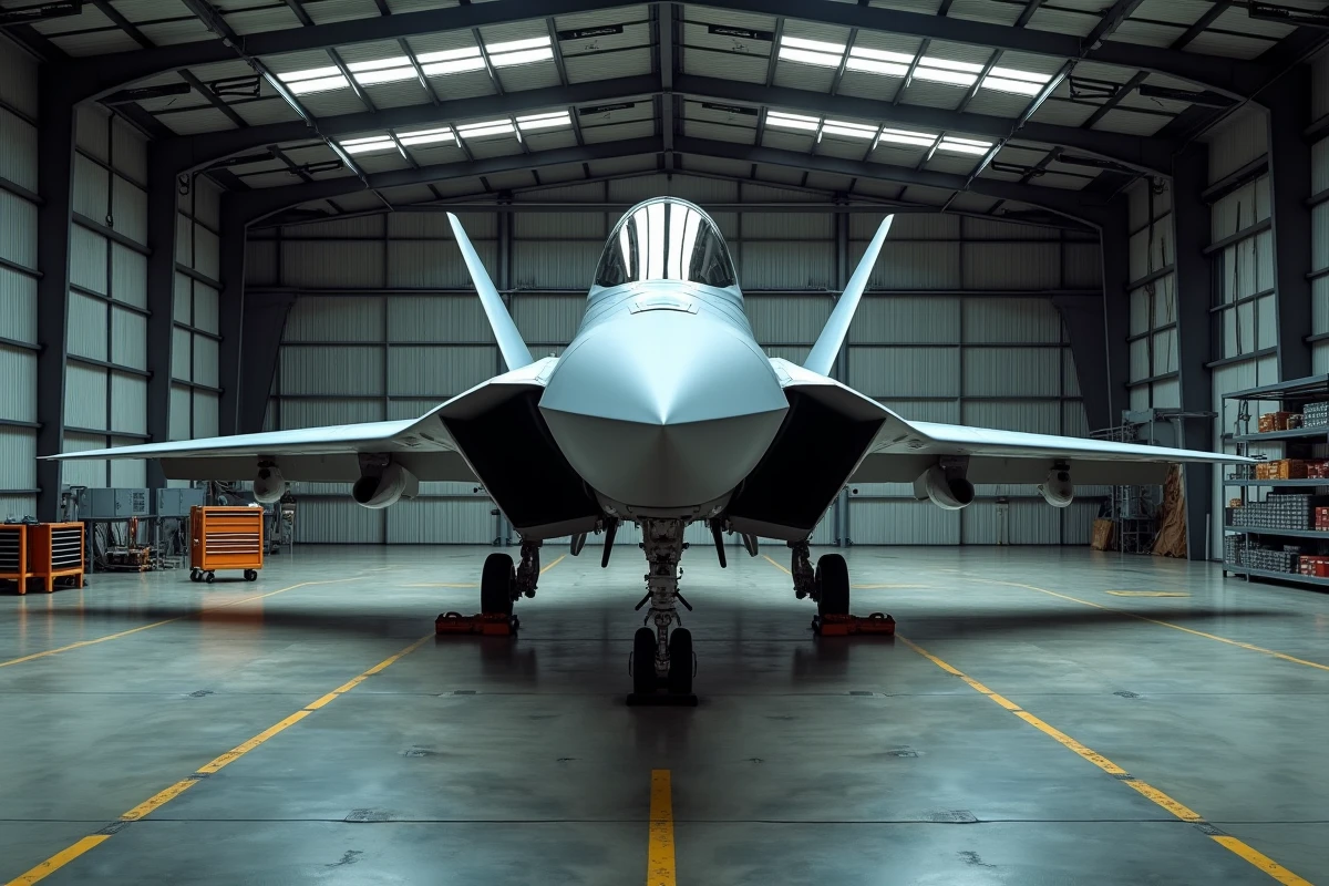 Prototype de chasseur supersonique à ailes delta dans un hangar militaire moderne, vue en perspective grand angle basse