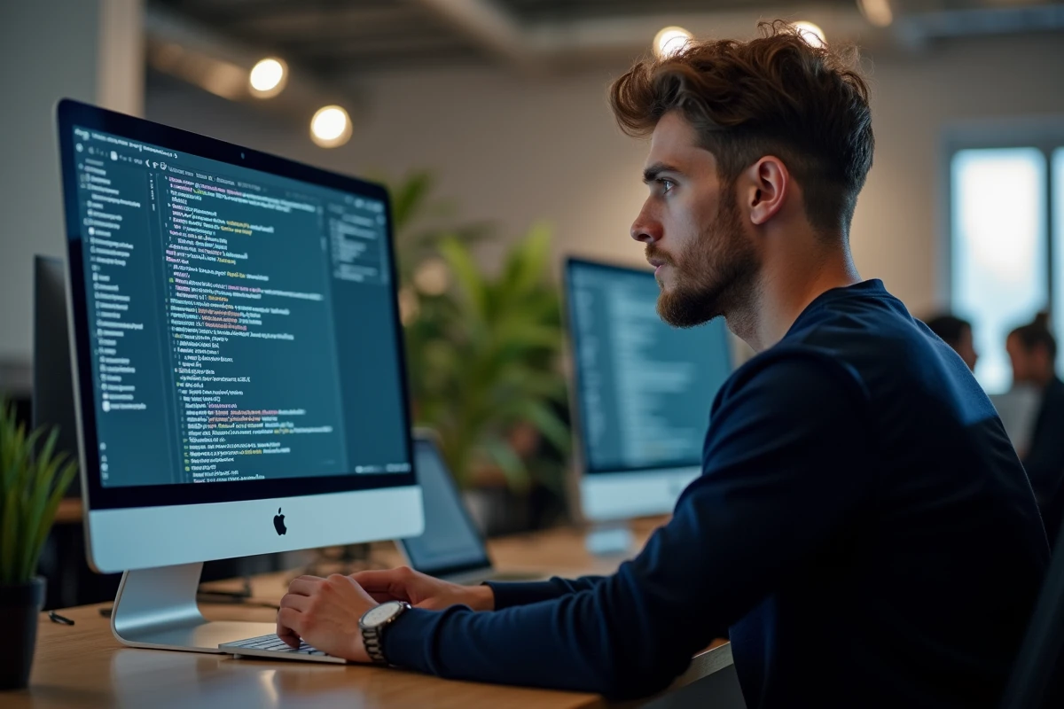 Rédacteur masculin travaillant sur un éditeur de texte avec des suggestions de synonymes affichées à l'écran dans un espace de coworking moderne