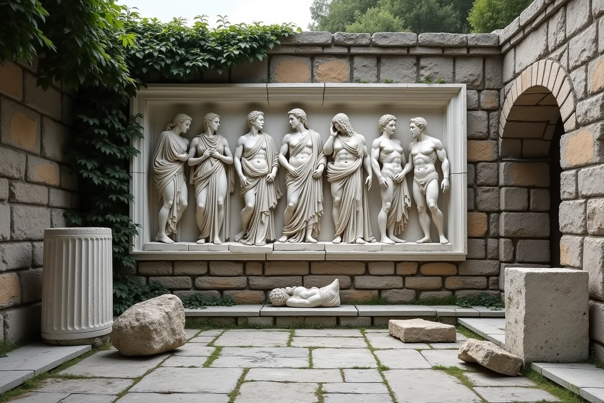Relief en marbre sculpté représentant Gaïa et les divinités de la mythologie grecque dans la cour d'un musée archéologique