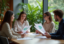 Développement durable : axes clés et enjeux prioritaires à découvrir Groupe de professionnels discutant autour d'une table en bureau écologique