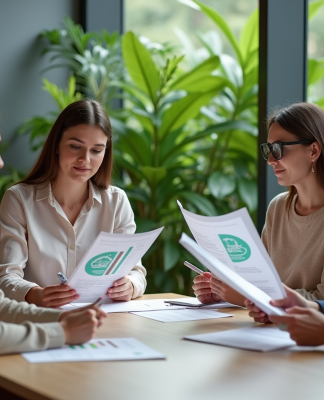 Groupe de professionnels discutant autour d'une table en bureau écologique
