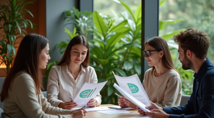 Groupe de professionnels discutant autour d'une table en bureau écologique