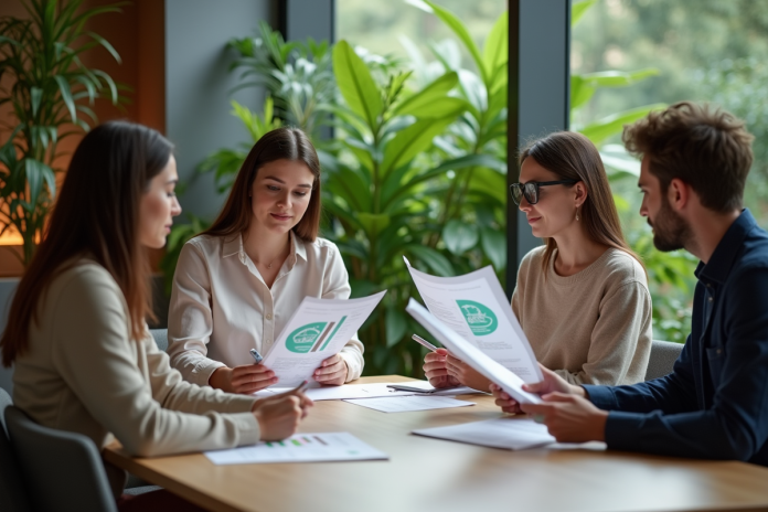 Groupe de professionnels discutant autour d'une table en bureau écologique