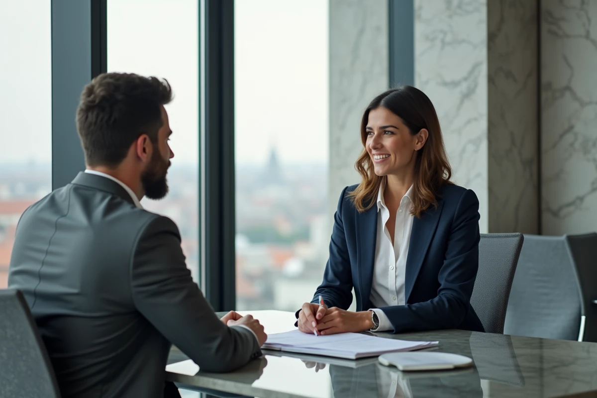 Femme confiante en blazer navy et homme en costume gris dans un bureau moderne