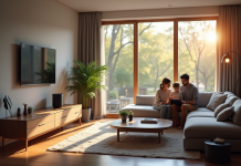 Salon moderne avec appareils domotiques et famille utilisant une tablette