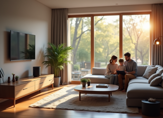 Salon moderne avec appareils domotiques et famille utilisant une tablette