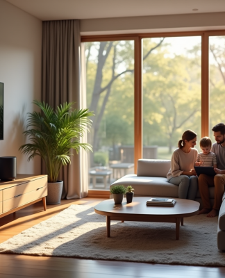 Salon moderne avec appareils domotiques et famille utilisant une tablette