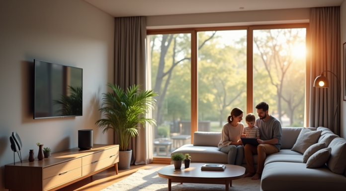 Salon moderne avec appareils domotiques et famille utilisant une tablette