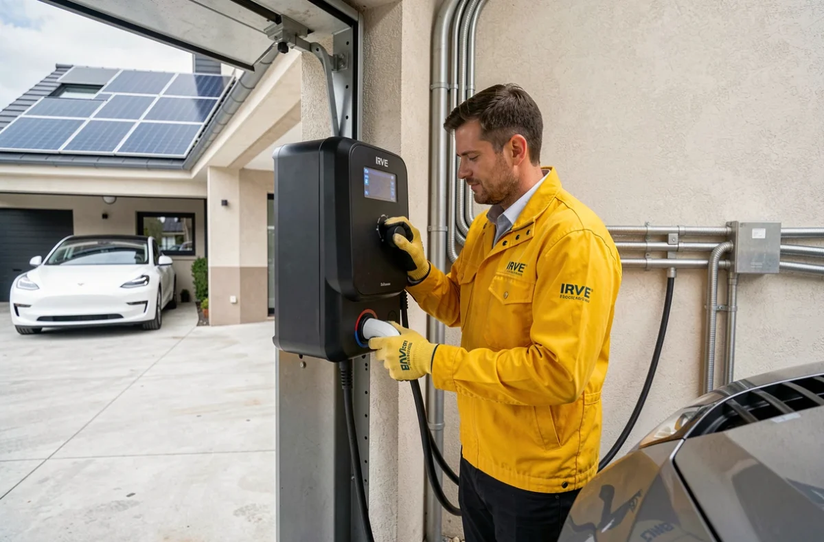 Électricien de SAS Dusolaire installant une borne de recharge IRVE dans un garage résidentiel avec panneaux solaires visibles