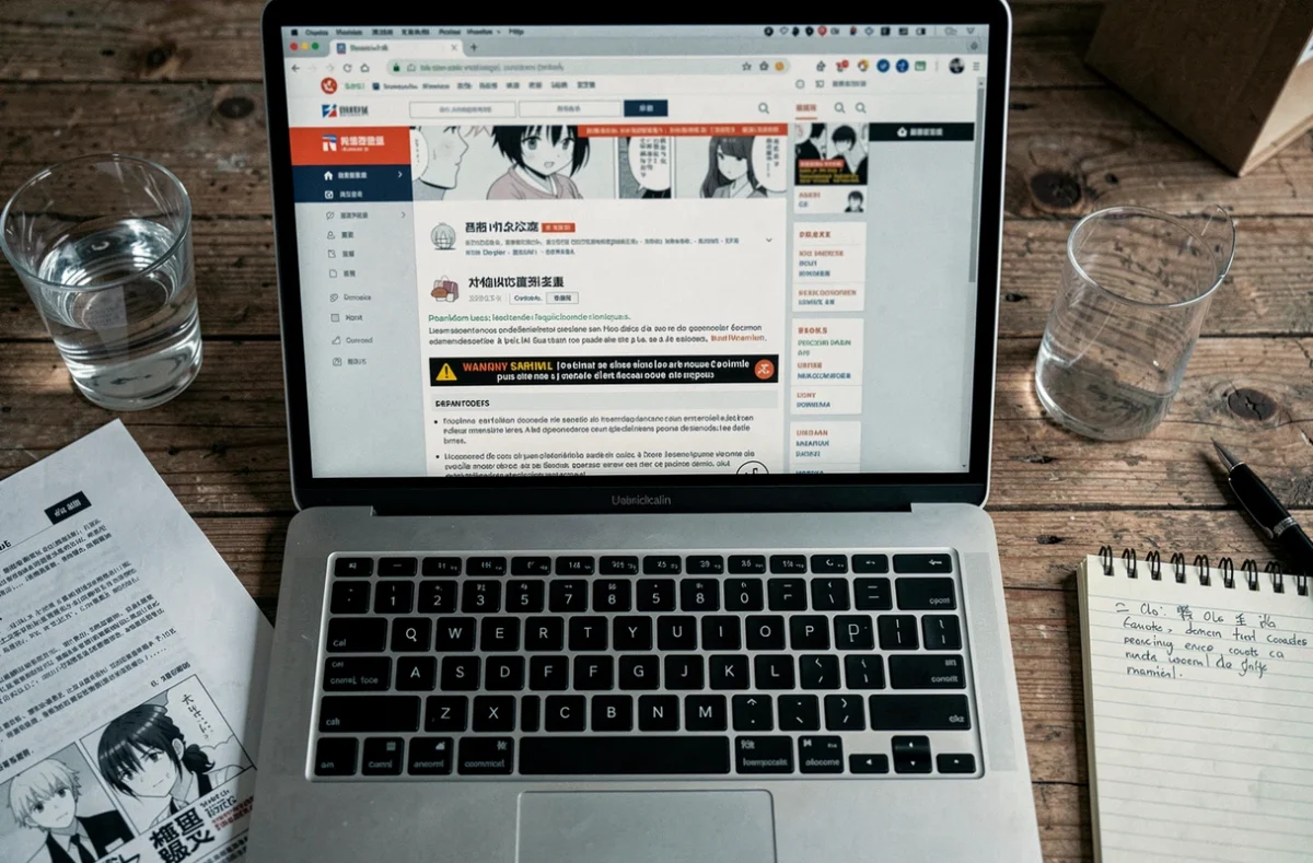 Ordinateur portable affichant un site de scans manga avec des mentions légales sur un bureau avec des documents imprimés