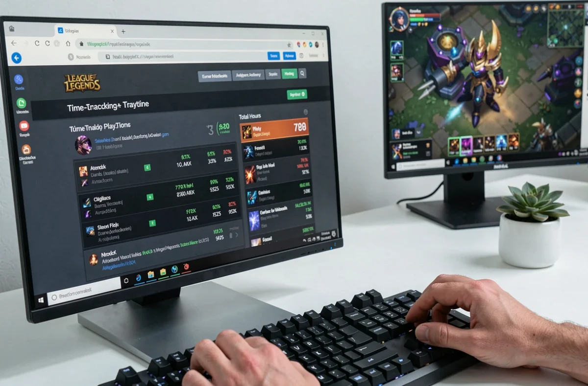 Écran d'ordinateur affichant un site de tracking de temps de jeu League of Legends avec statistiques détaillées
