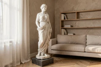 Statue grecque sur pied en marbre blanc posée dans un salon contemporain avec parquet en chevrons et mur beige