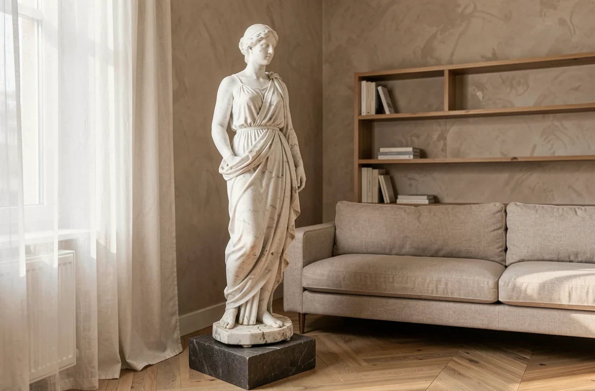 Statue grecque sur pied en marbre blanc posée dans un salon contemporain avec parquet en chevrons et mur beige