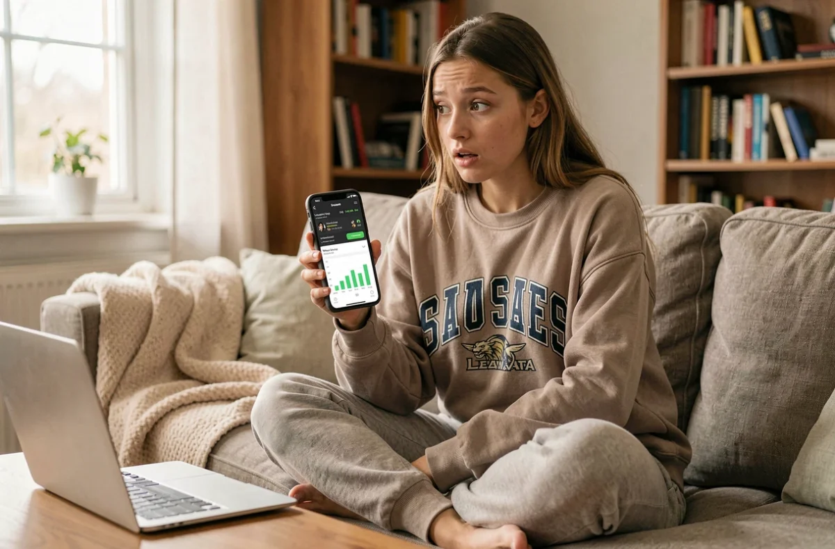 Jeune femme vérifiant son temps de jeu League of Legends sur une application mobile de suivi