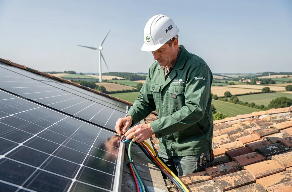 Électricien de SWO Energie connectant des câbles de panneaux solaires sur un toit avec un paysage rural en arrière-plan