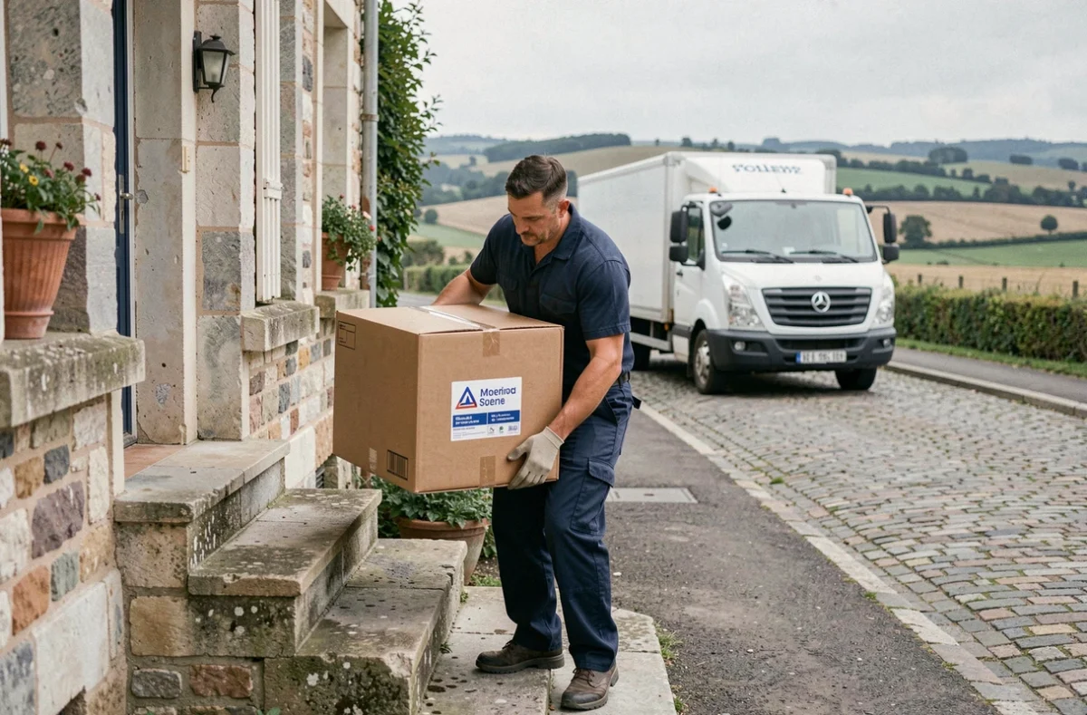 Déménageur TDN portant des cartons depuis une maison normande en Seine-Maritime