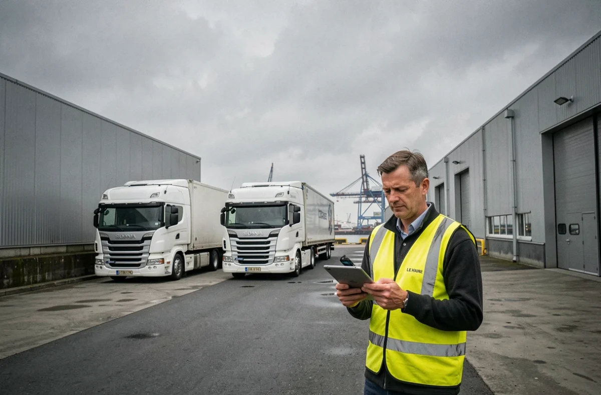 Coordinateur logistique TTDI supervisant une flotte de camions dans un entrepôt portuaire au Havre