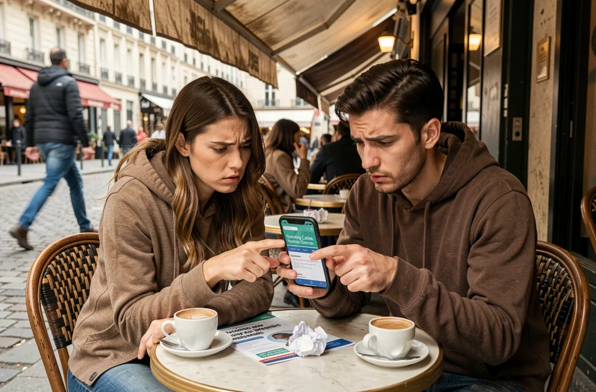 Deux jeunes comédiens examinant ensemble une annonce de casting de figurant potentiellement frauduleuse sur smartphone en terrasse