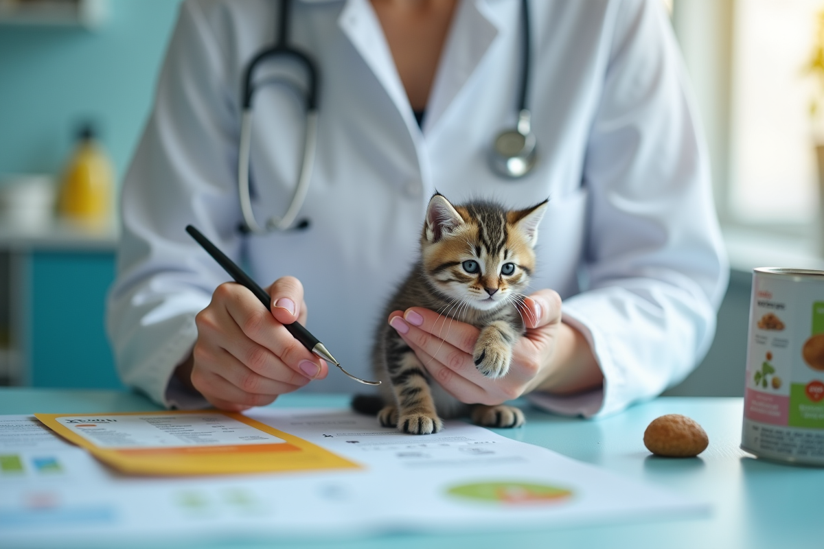 Vétérinaire examinant un chaton sur une table propre dans une clinique lumineuse