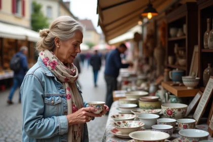 Femme examinant des tasses en porcelaine lors d'un vide-grenier en Bourgogne