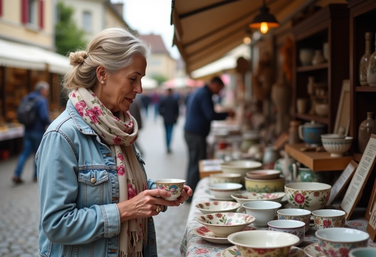 Femme examinant des tasses en porcelaine lors d'un vide-grenier en Bourgogne
