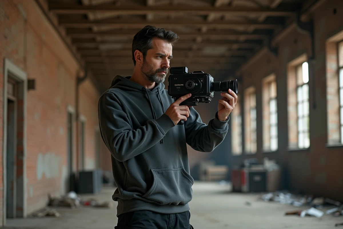 Réalisateur filmant avec une caméra 16mm dans un entrepôt industriel abandonné à Paris